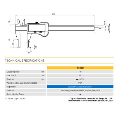 SYLVAC Digital Caliper S_Cal EVO INT GROOVE 150 mm IP67 (810.1600) BT depth rod 4x1,4 mm